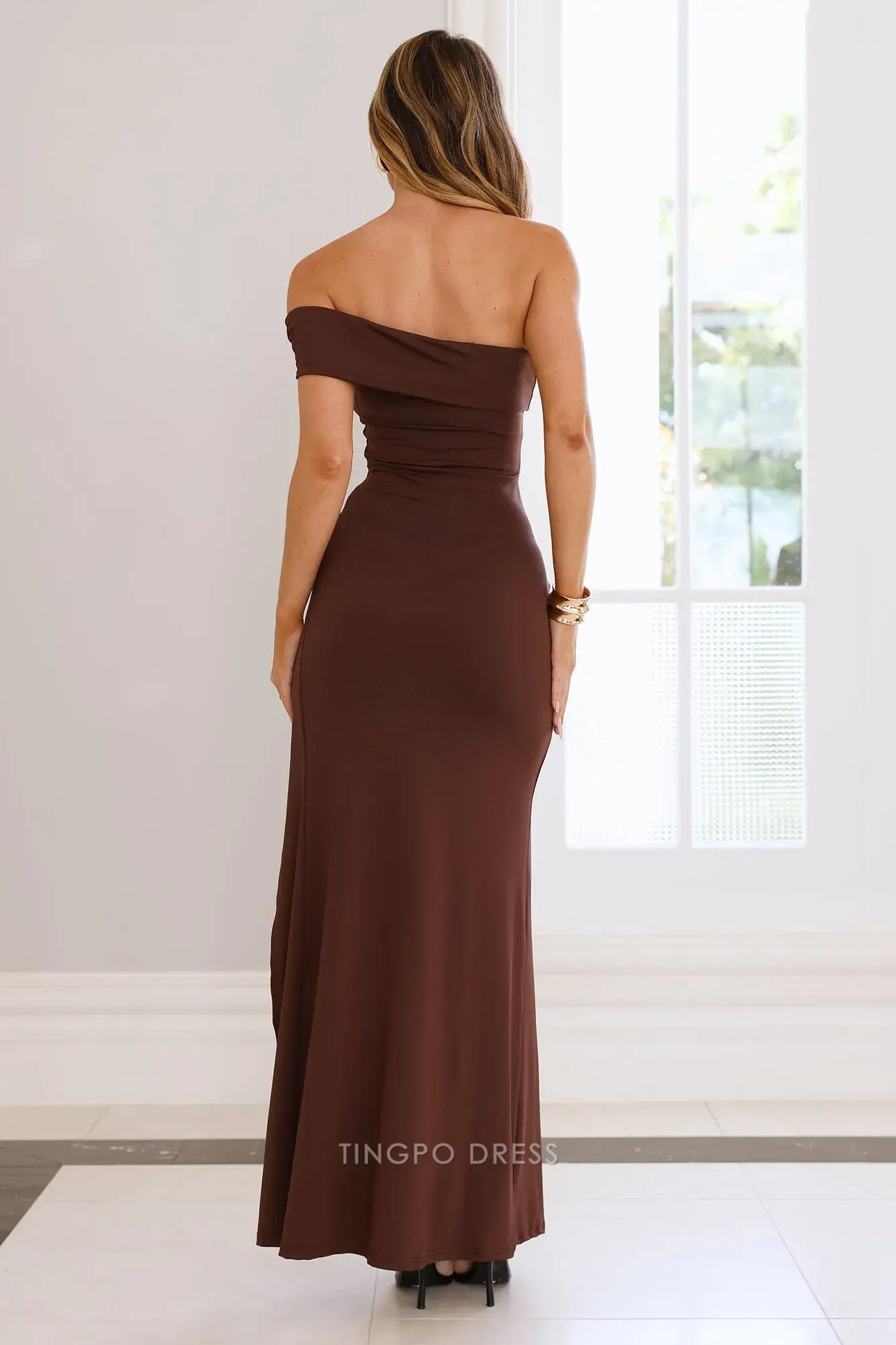 Elegant Off - Shoulder Ruched High - Slit Maxi Dress Prom Dress